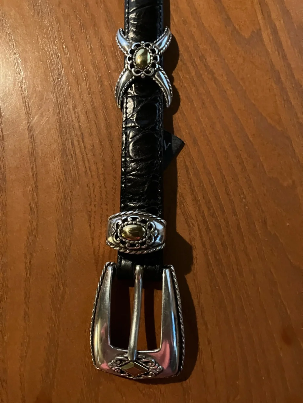 Vintage Brighton Black Croc-Embossed Belt with Silver Buckle and Embellishments